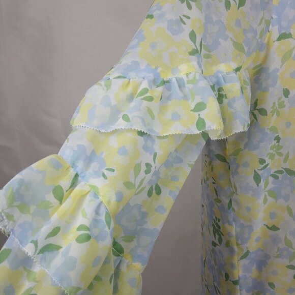 Calvin Klein | Floral V Neck Ruffled Sleeves Chiffon Blouse Yellow Blue | Size S - Picture 4 of 10